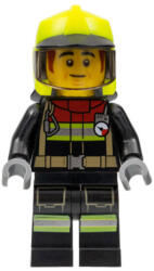 LEGO® Minifigurák Fire - Male, Black Jacket and Legs with Reflective Stripes and Red Collar, Neon Yellow Fire Helmet, cty1362 (cty1362)