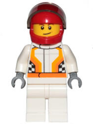 LEGO® Minifigurák Race Car Driver, White Racing Suit with Orange Stripes and Checkered Pattern, Red Helmet, Crooked Sm cty0874 (cty0874)