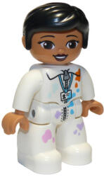 LEGO® Minifigurák Duplo Figure Lego Ville, Female, White Suit with Zipper, ID Badge, and Paint Splotches, Black Knot B 47394pb292 (47394pb292)