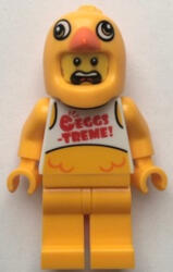 LEGO® Minifigurák Clemmons - Stuntz Driver, Bright Light Orange Chicken Head Helmet, White Tank Top with 'EGGS-TREME! ' cty1398 (cty1398)