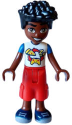 LEGO® Minifigurák Friends Zac - White and Blue Shirt with Pizza and Game Controller, Red Trousers Cropped Large Pocket frnd605 (frnd605)