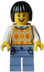 LEGO® Minifigurák Turista - női, barna színű, kötött Argyle pulóver mellény, homokkék lábak zsebekkel, fekete bob vágo hol329 (hol329)