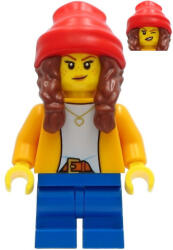 LEGO® Minifigurák Girl - Bright Light Orange Jacket, Blue Medium Short Legs, Reddish Brown Hair with Braids, Red Beani cty1235 (cty1235)