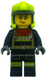 LEGO® Minifigurák Fire - Female, Black Jacket and Legs with Reflective Stripes and Red Collar, Neon Yellow Fire Helmet cty1555 (cty1555)