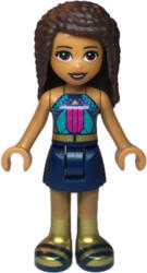 LEGO® Minifigurák Friends Andrea - Dark Turquoise Halter Top with Magenta Stripes and Dots, Dark Blue Skirt, Gold Boot frnd346 (frnd346)