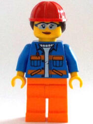LEGO® Minifigurák Construction Worker - Female, Blue Open Jacket with Pockets and Orange Stripes, Orange Legs, Red Con cty1402 (cty1402)