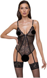 Cottelli Collection - harisnyatartós, csipkés nyitott body (fekete) (26431031031) - pleasure4you