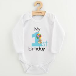 NEW BABY Body pentru copii cu imprimeu New Baby My first birthday albastru, mărime 86 (12-18lr)