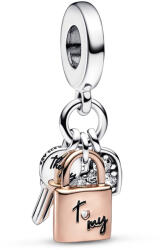 Pandora Moments Kéttónusú kulcs, lakat és szív tripla függő Rozé arany és Ezüst Charm - 782506C01 (782506C01)