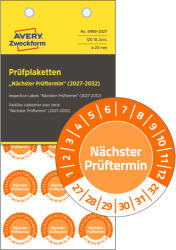  Avery Zweckform No. 6989-2027 narancssárga színű, 20 mm átmérőjű, öntapadós biztonsági hitelesítő címke, 2027-2032-es évszámmal, Nächster Prüftermin felirattal - kiszerelés: 120 címke / csomag