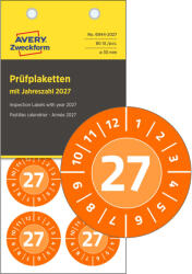 Avery Zweckform No. 6944-2027 narancssárga színű, 30 mm átmérőjű, öntapadós időjárásálló felülvizsgálati címke, 2027-es évszámmal, 12 hónapos beosztással - kiszerelés: 80 címke / csomag