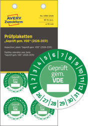  Avery Zweckform No. 6984-2026 zöld színű, 30 mm átmérőjű, öntapadós időjárásálló felülvizsgálati címke, 2026-2031-es évszámmal, Geprüft gemäß VDE felirattal - kiszerelés: 80 címke / csomag