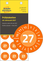 Avery Zweckform No. 6945-2027 narancssárga színű, 20 mm átmérőjű, öntapadós biztonsági hitelesítő címke, 2027-es évszámmal, 12 hónapos beosztással - kiszerelés: 120 címke / csomag