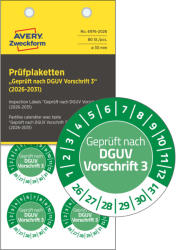 Avery-Zweckform No. 6976-2026 zöld színű, 30 mm átmérőjű, öntapadós időjárásálló felülvizsgálati címke, 2026-2031-es évszámmal, Geprüft nach DGUV Vorschrift 3 felirattal - kiszerelés: 80 címke / csomag