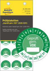  Avery Zweckform No. 6983-2026 zöld színű, 20 mm átmérőjű, öntapadós időjárásálló felülvizsgálati címke, 2026-2031-es évszámmal, Geprüft gemäß VDE felirattal - kiszerelés: 120 címke / csomag