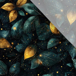 Takoy Enyhén elasztikus műselyem / silky anyag aranyszínű levelek zölddel