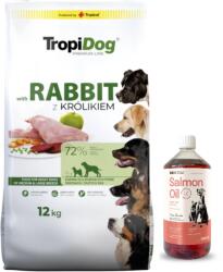 TropiDog Premium Adult rase medii și mari bogat în iepure și orez 12kg +LAB V Salmon Oil pentru câini și pisici 1000ml