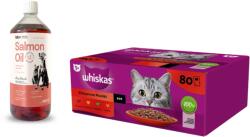 Whiskas WHISKAS Adult tasak 80 x 85 g Classic Meals - nedves eledel felnőtt macskáknak, mártással (marhahús, csirke, bárány, baromfi) + Lab-V lazacolaj 100% Kutyák és macskák minden korosztály számára 1000 ml
