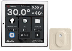 Shelly Wall Display Wi-Fi+Bluetooth villanykapcsoló és színes érintőképernyős vezérlőpanel (fehér) + Shely BLU H&T hőmérséklet és pára érzékelő (ALL-KAP-WDW-BLUHTIV)
