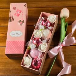  Luxus Érintés Ajándékcsomag - macaronos dobozban + Ajándék Habtulipán szál szalaggal átkötve