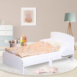 Suporto Pat Copii Suporto cu Protectie Laterala si Raft Depozitare Carti si Jucarii, Model Norisor, Patut pentru Baieti si Fetite Varsta de 3 - 8 Ani, Mobilier din Lemn MDF, Alb