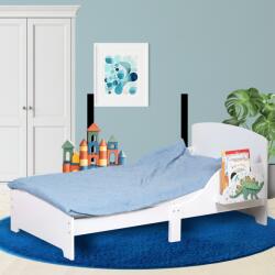 Suporto Pat Copii Suporto cu Protectie Laterala si Raft Depozitare Carti si Jucarii, Model Dinozaur, Patut pentru Baieti si Fetite Varsta de 3 - 8 Ani, Mobilier din Lemn MDF, Alb