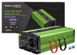 Qoltec Monolith tiszta szinuszhullámos Inverter | Akkumulátortöltő | UPS | 300W | 600W | 12V - 230V (QC-51940)