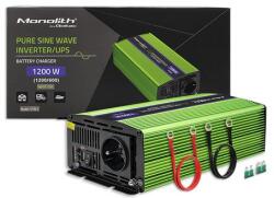 Qoltec Monolith tiszta szinuszhullámos Inverter | Akkumulátortöltő | UPS | 600W | 1200W | 12V - 230V (QC-51941)