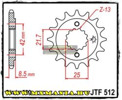 JT Sprockets első lánckerék, 512, Kawaasaki KL//GPX/GPZ/ZX/ZXR/RG/SV, Yamaha, Suzuki (jtf512)