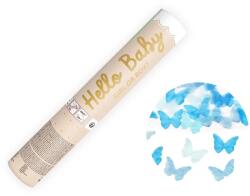 PartyDeco Tun de confetti Hello Baby - Fluturași albaștri 20 cm