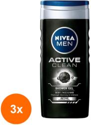 Nivea Set 3 x Gel de Dus Nivea Men Active Clean, cu Carbune Activ, 250 ml