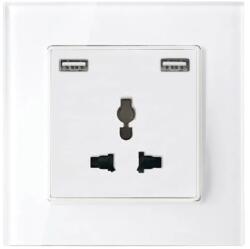 ELMARK Priza multifuncțională 16A cu rama de sticlă albă plus două prize USB, 195025/WH (195025/WH)