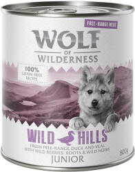 Wolf of Wilderness 6x800g Wolf of Wilderness Free-Range Meat Junior Wild Hills szabad tartású kacsa & borjú nedves kutyatáp