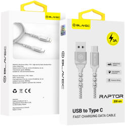 Blavec Kábel Raptor fonott - USB - Type C - 3A 2 méter (CRA-UC3WS20) fehér-ezüst,