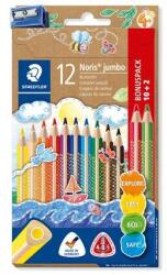 STAEDTLER Színes ceruza készlet, háromszögletű, vastag, hegyezővel, STAEDTLER "Noris® Jumbo 128", 10+2 különböző szín (MEN-CO-TS128NC12P1)