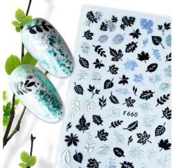  Körömmatrica - F660 falevél ezüst-fekete black