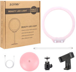  Lampa circulara LED, ZOMEI 26 cm diametru LED, cap rotativ 360 grade si suport telefon 360 grade - Roz