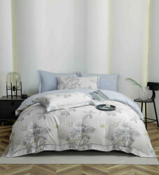 Jojo Home Lenjerie de lux pentru pat dublu, bumbac finet, 6 piese, cearceaf cu elastic, alba bleu, imprimeu cu floricele gri-A1014 (A1014) Lenjerie de pat