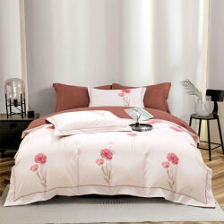 Jojo Home Lenjerie de lux pentru pat dublu, bumbac finet, 6 piese, cearceaf cu elastic, alba maro, cu flori rosii-A1019 (A1019) Lenjerie de pat