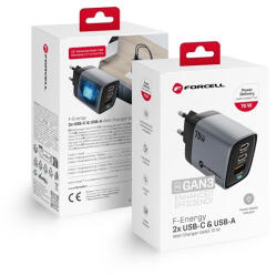 Forcell F-Energy GaN III VT-37 2xUSB-C + USB-A töltő adapter LCD kijelzővel, PD, QC4.0, SFC2.0, 3, 45A, 70W, szürke
