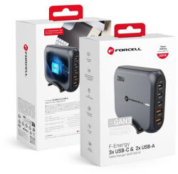 Forcell F-Energy GaN III VT-51 3xUSB-C + 2xUSB-A asztali töltő, PD, QC4.0, SFC2.0, 5A, 200W, szürke