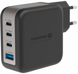  Swissten GaN hálózati töltőadapter 3xUSB-C 100W PD, 1xUSB-A 18W QC, fekete (22071600)