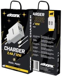 MOONX MC02 2XUSB-A 12W 2, 4A Hálózati töltő, (+C-Type kábel), fehér
