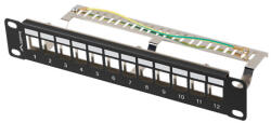 Lanberg Üres patch panel 12 port 1U 10" FTP, árnyékolt, tehermentesítővel, fekete V2 (PPKS-9212-B) - mzona