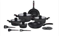 Royalty Line Royalty Line® 15 Részes Indukciós Edénykészlet Márvány Bevonattal szilikon fogantyúval és alátét Plusz konyhai eszköz T15 Fekete (RL-T15BLK)