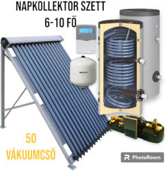 Napcsap 6-10 fő részére napkollektor rendszer: 50 vákuumcső, 500 literes 2 hőcserélős álló bojler, ECO szivattyú állomás, vezérlés, tágulási tartály (SZETT_610_50VCS_500_SUN)