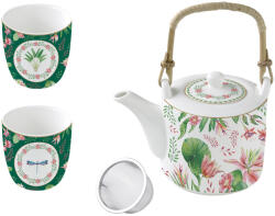 Easy Life Nuova R2S Porcelán teáskanna 600ml, fémszürővel, 2 porcelánpohárral 160ml, dobozban, Botanic Chic