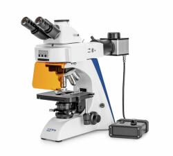 KERN OBN 142 fluoreszcens biológiai mikroszkóp 40x/100x/200x/400x/1000x nagyítás, végtelen optikai egység, állítható asztal, állítható fényerejű 5 W-os LED alsó és 3W-os LED fluoreszcens megvilágítás, trin