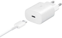 Hálózati töltő adapter, 25W, USB Type-C aljzat, USB Type-C kábellel, PD 3.0, PDO / PPS, gyorstöltés, Samsung, fehér, gyári