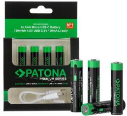 PATONA Premium USB-C 4x AAA Micro újratölthető elemek Lítium 750mWh 1.5V újratölthető 1 az 2-höz USB-C töltőkábellel (PT-1409)